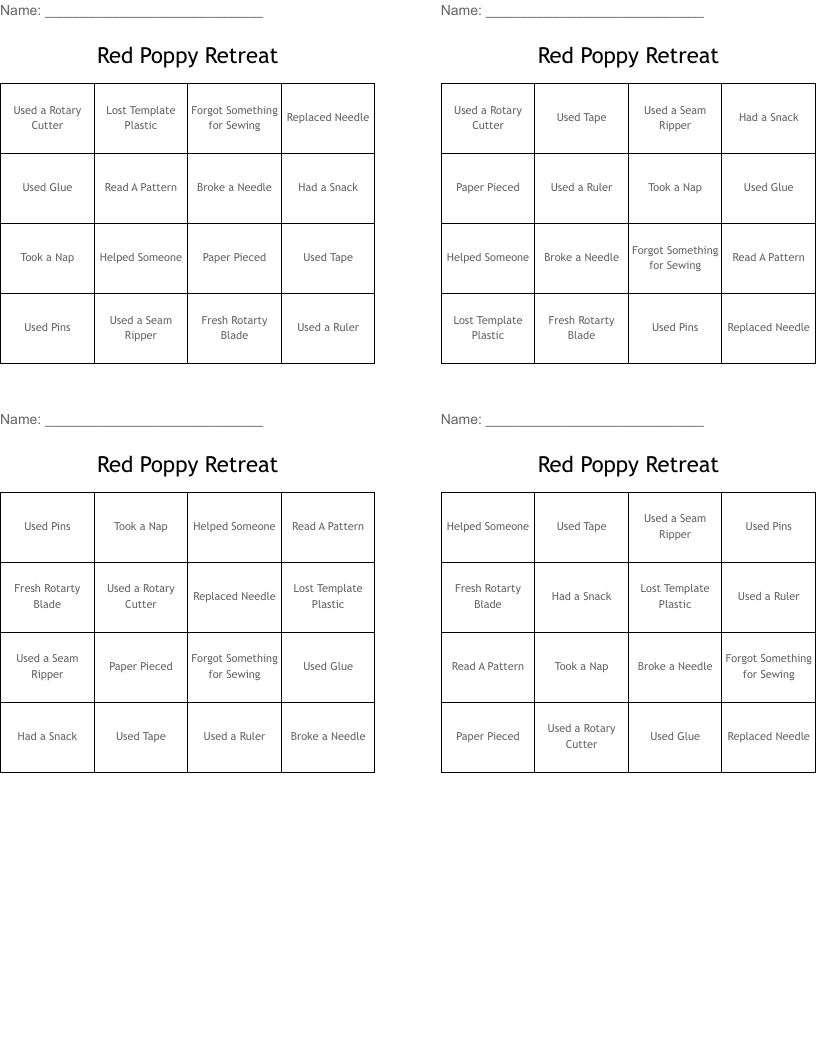 Red Poppy Retreat Bingo Cards
