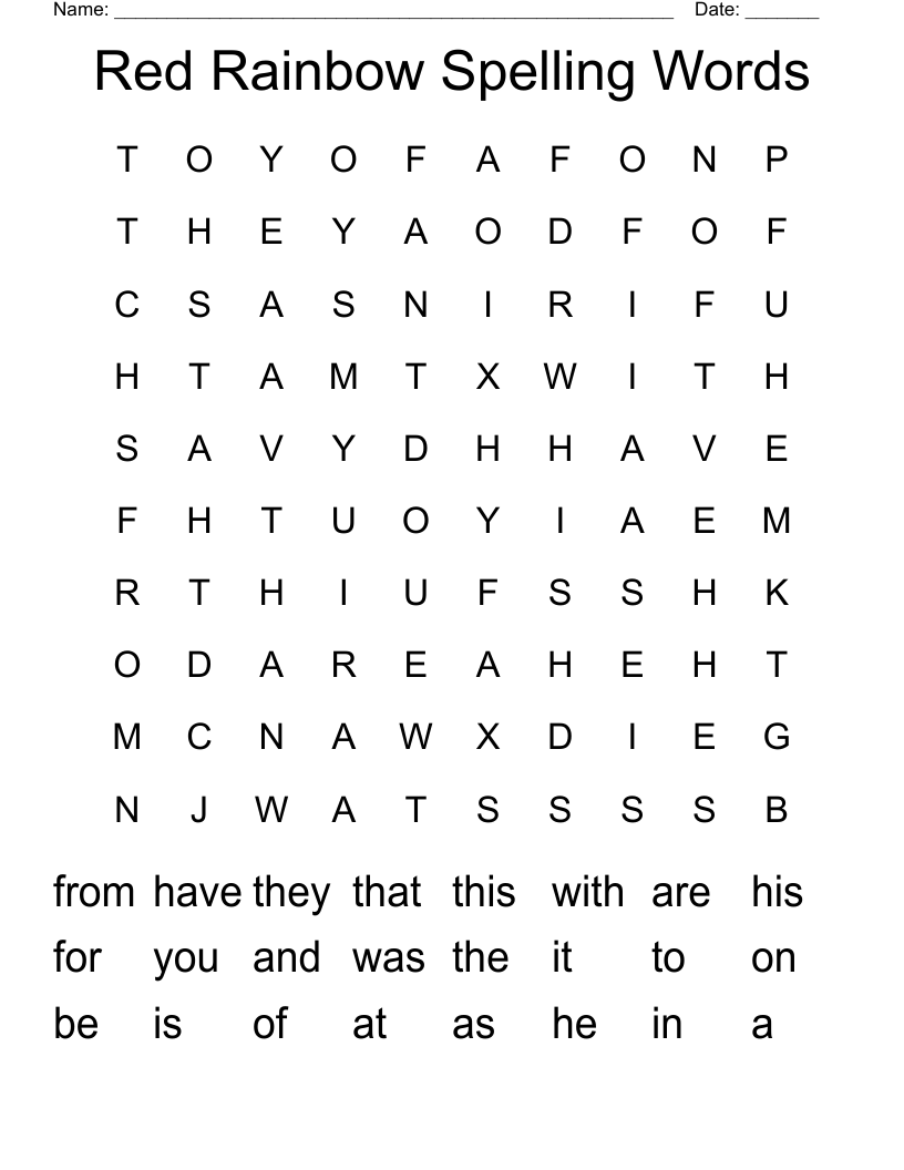 Red Rainbow Spelling Words Word Search