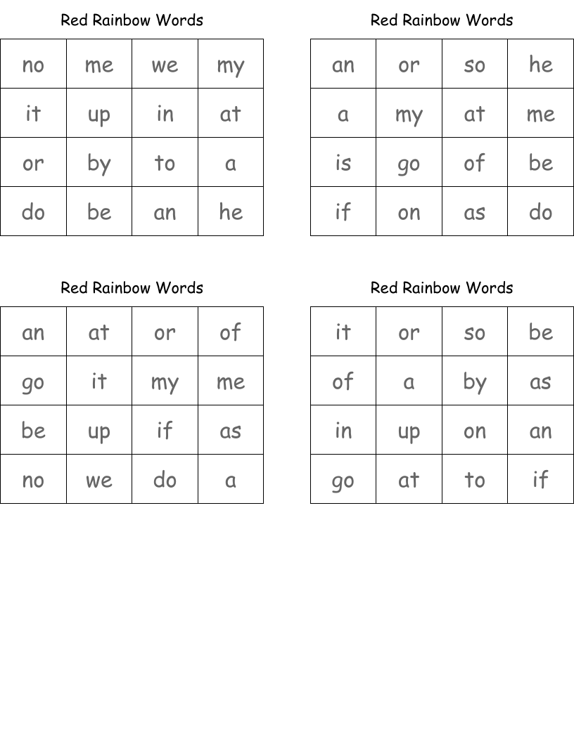 Red Rainbow Words Bingo Cards