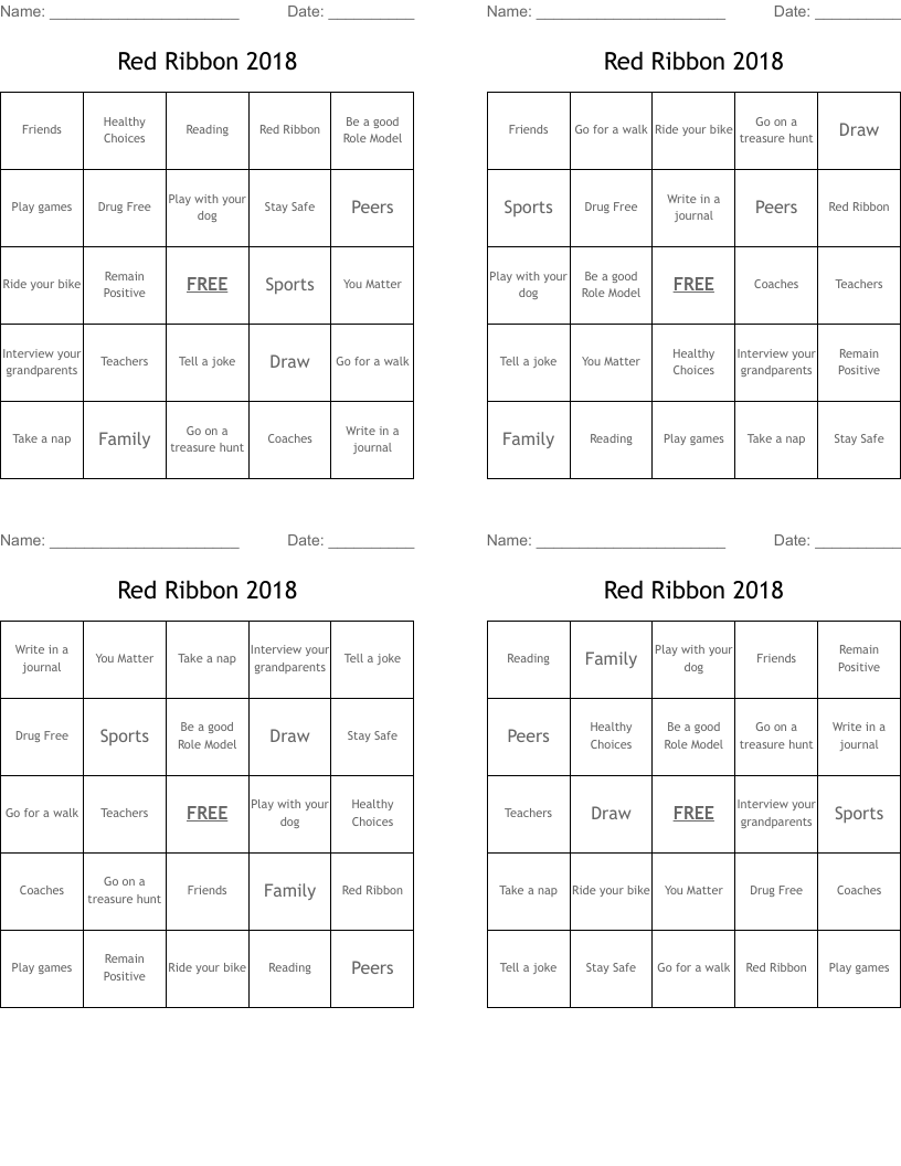 Red Ribbon 2018 Bingo Cards