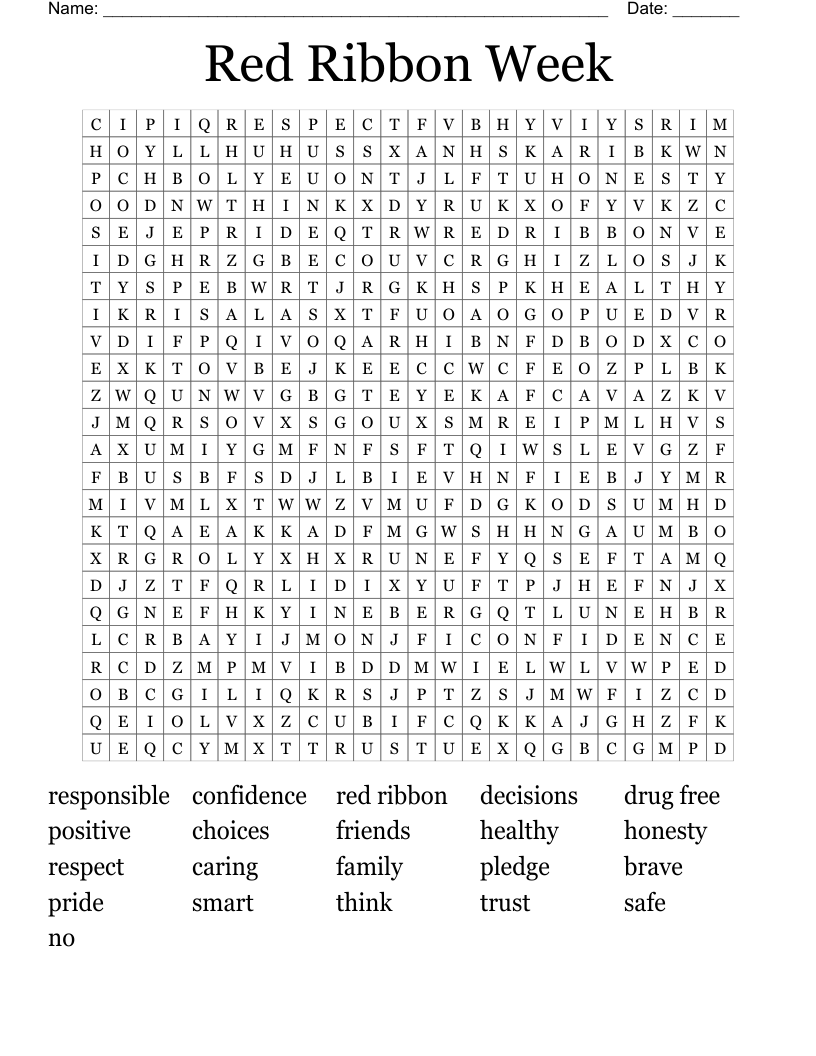Red Ribbon Week Word Search
