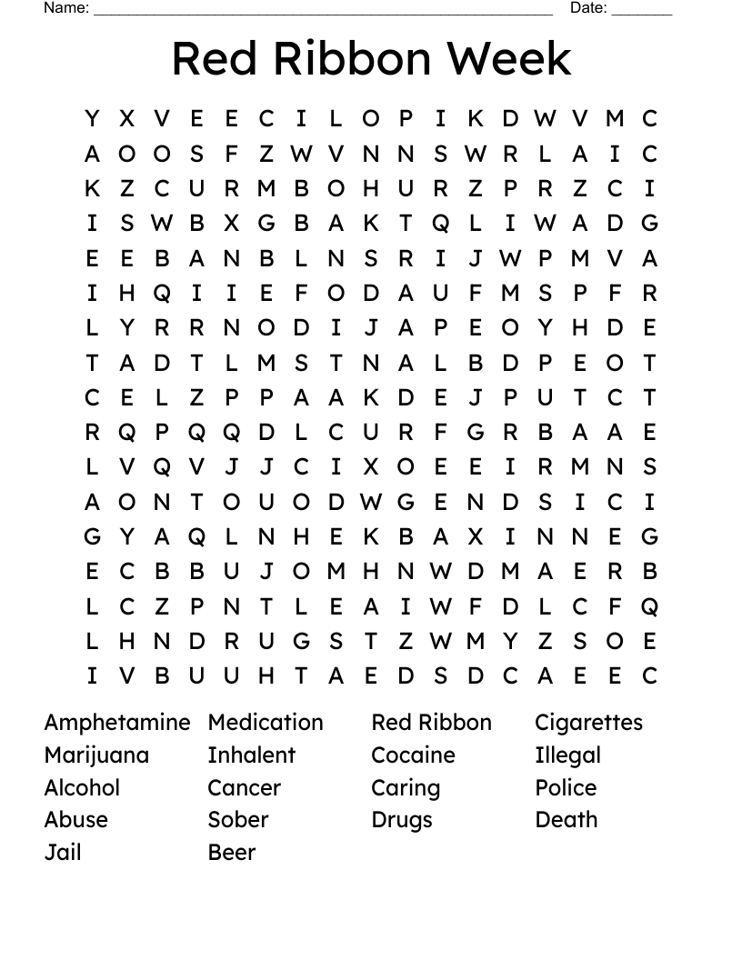 Red Ribbon Week Word Search