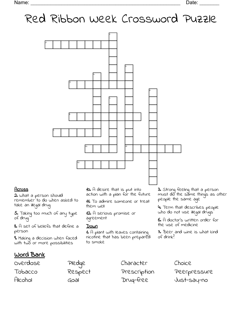 Red Ribbon Week Crossword Puzzle
