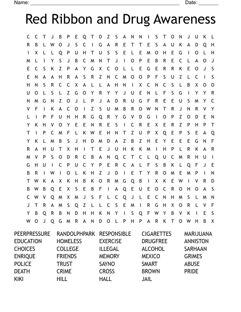 Red Ribbon and Drug Awareness Word Search