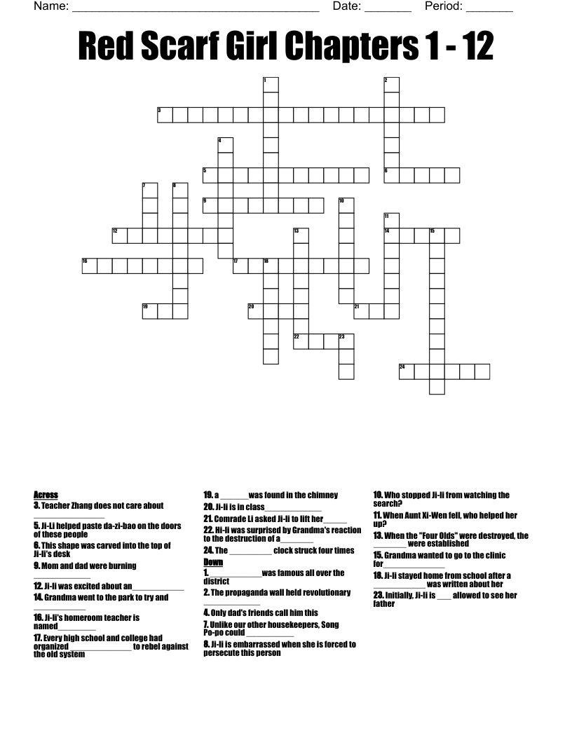 Red Scarf Girl Chapters 1 - 12 Crossword