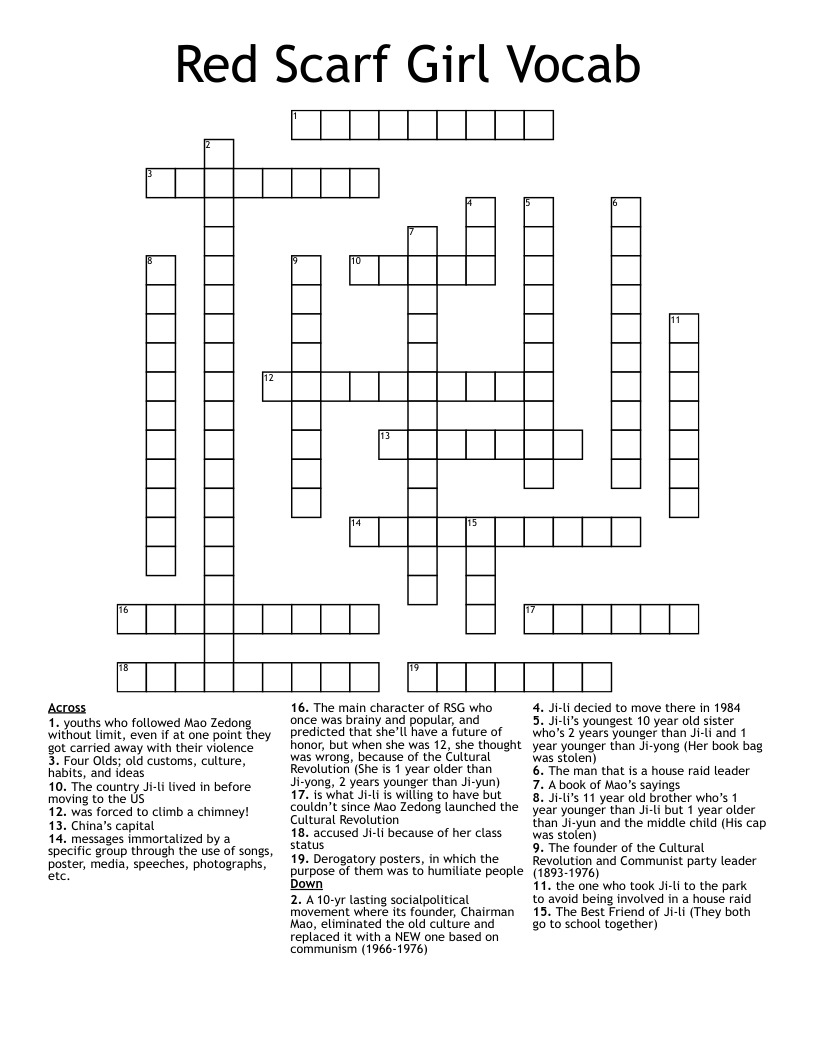 Red Scarf Girl Vocab Crossword