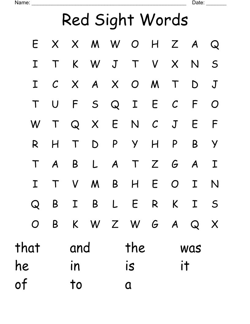 Red Sight Words Word Search
