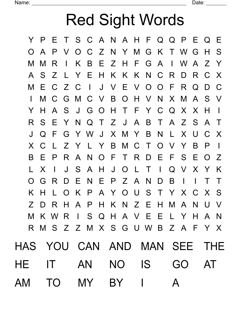 Red Sight Words Word Search