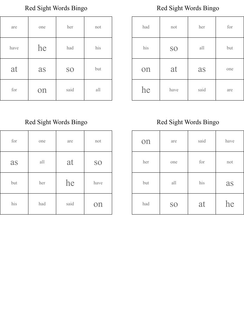 Red Sight Words Bingo
