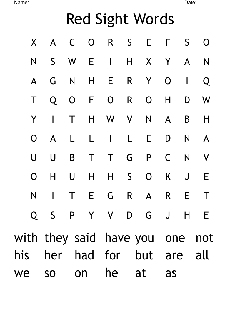 Red Sight Words  Word Search