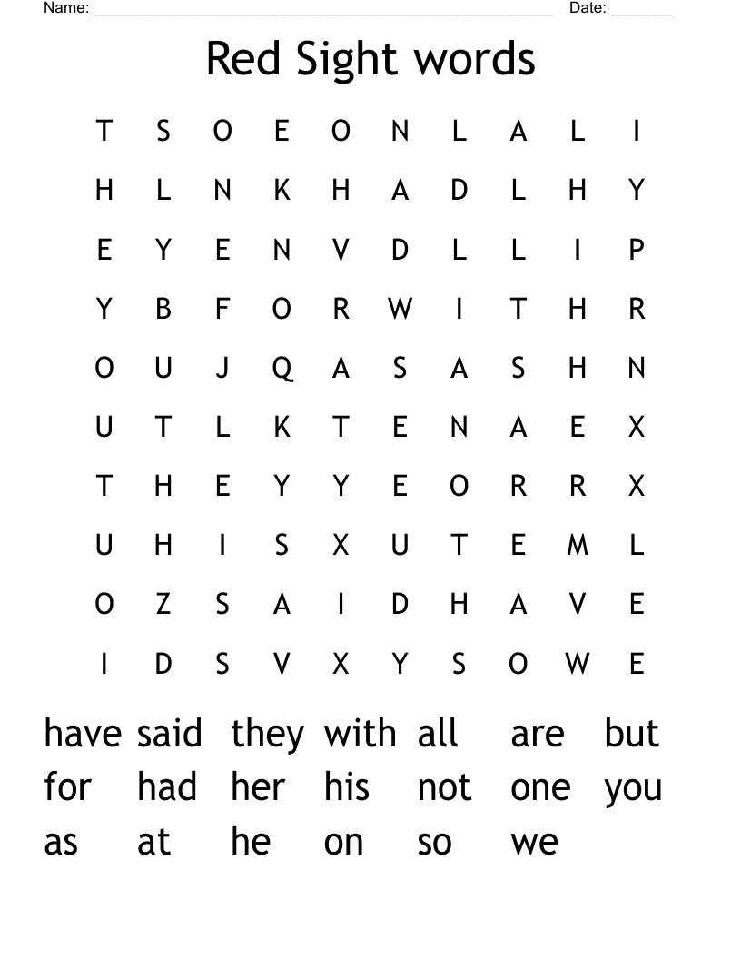 Red Sight words Word Search