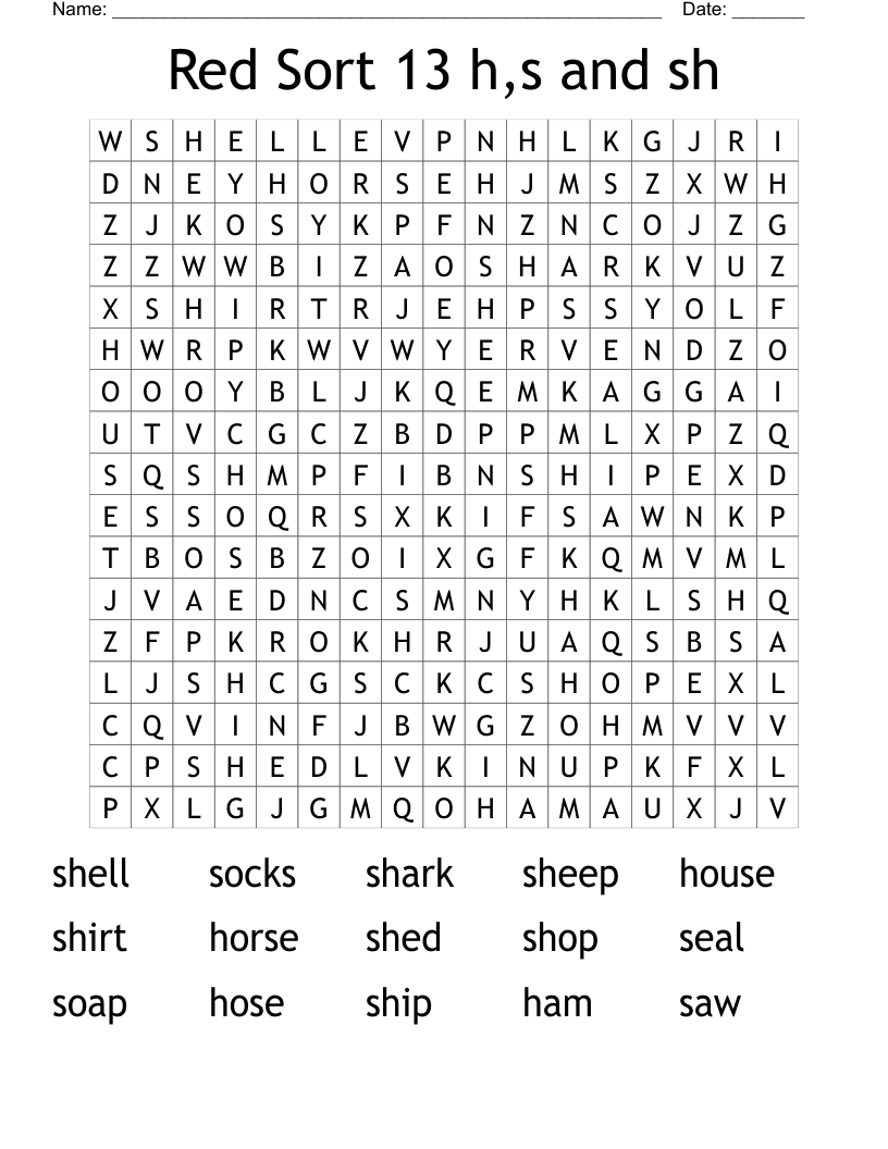 Red Sort 13 h,s and sh Word Search