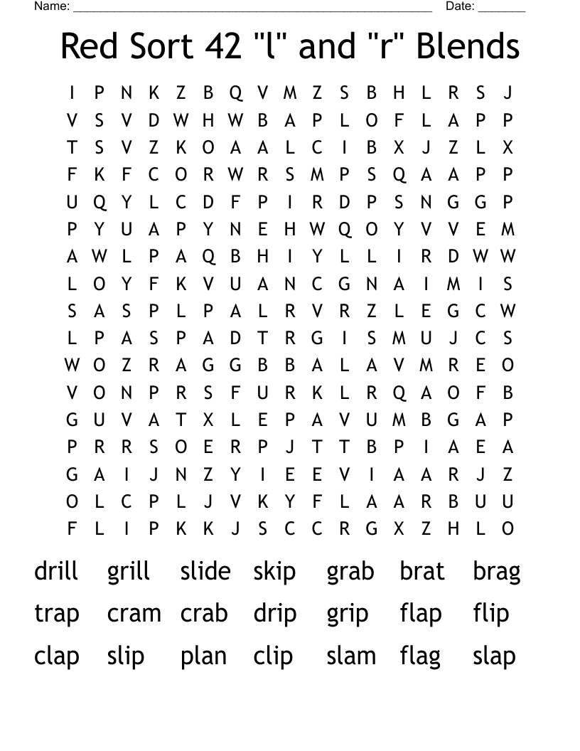 Red Sort 42 "l" and "r" Blends Word Search