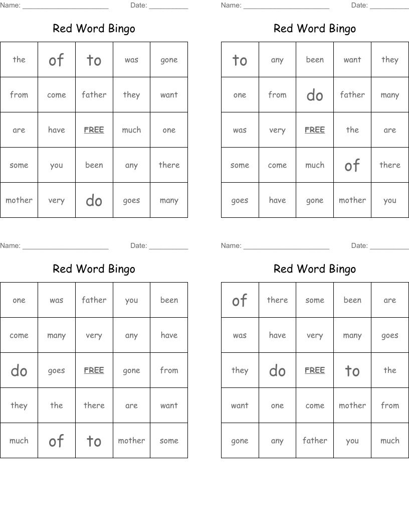 Red Word Bingo
