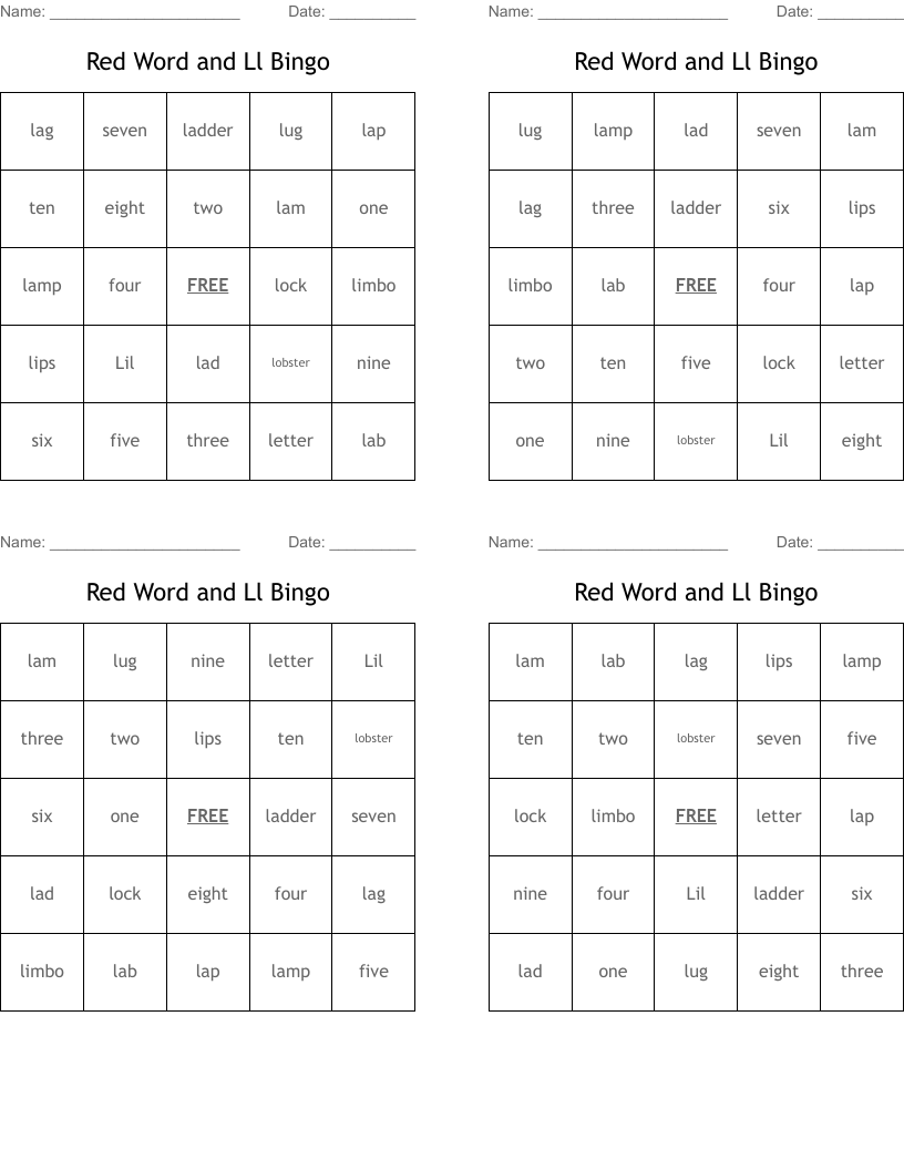 Red Word and Ll Bingo