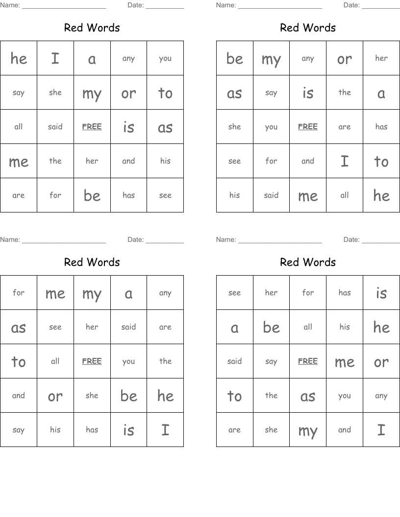Red Words Bingo Cards