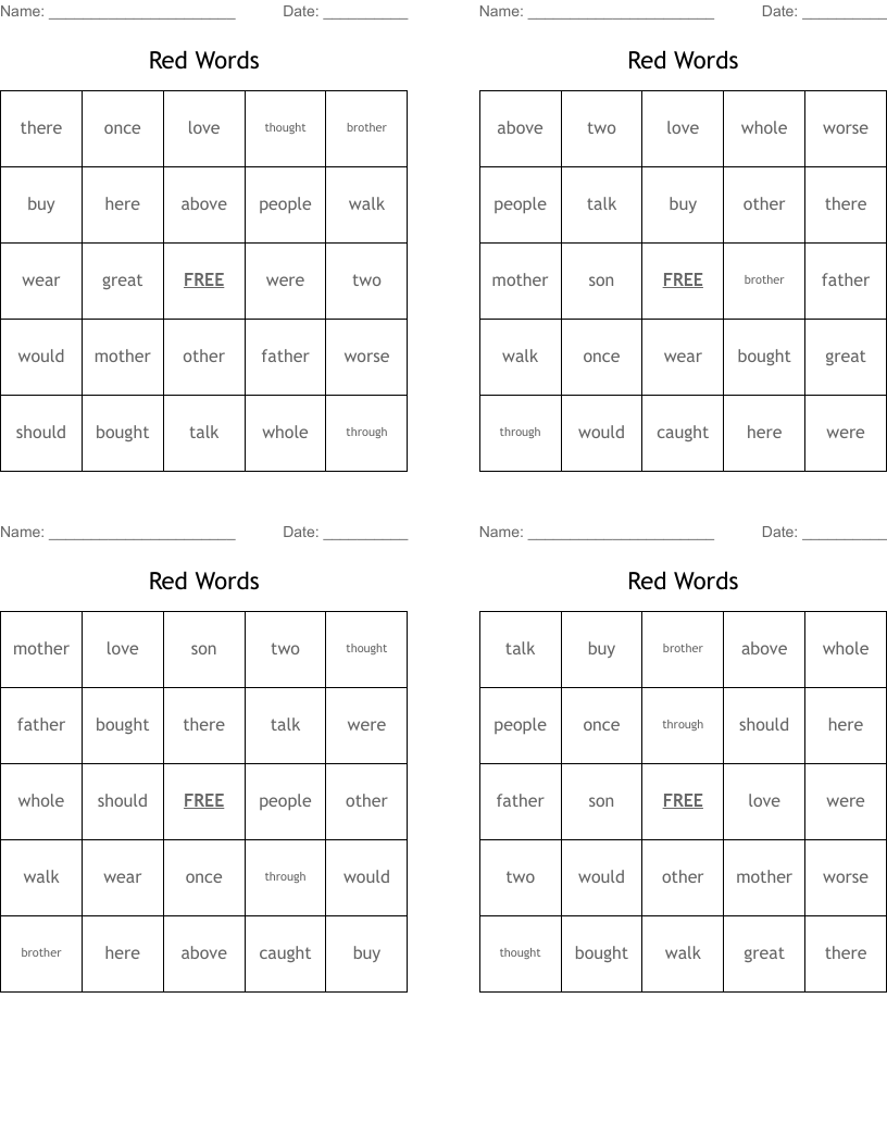 Red Words Bingo Cards