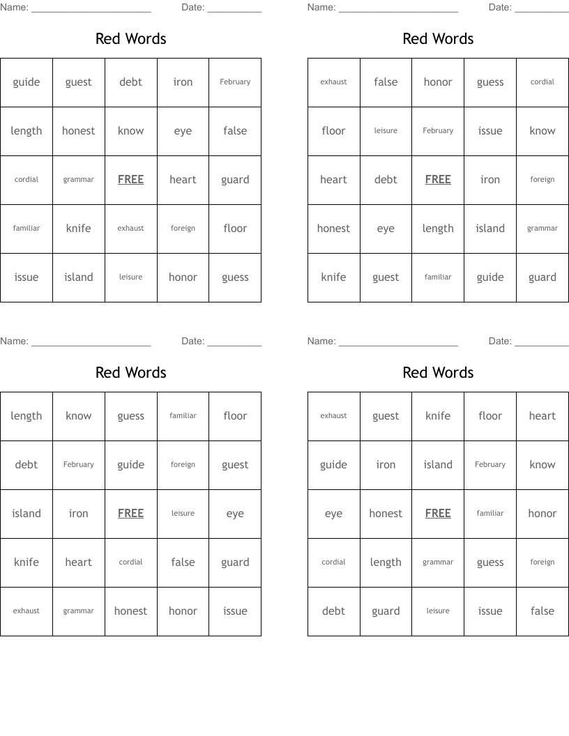 Red Words Bingo Cards