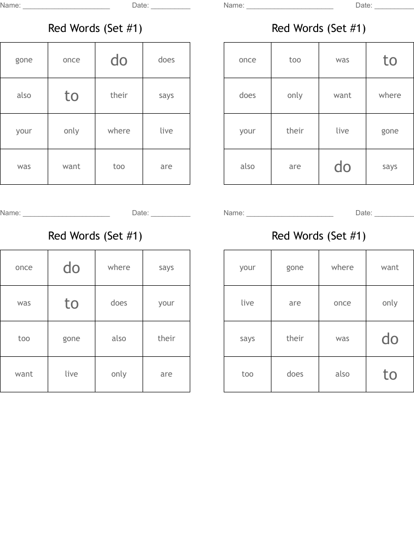 Red Words (Set #1) Bingo Cards