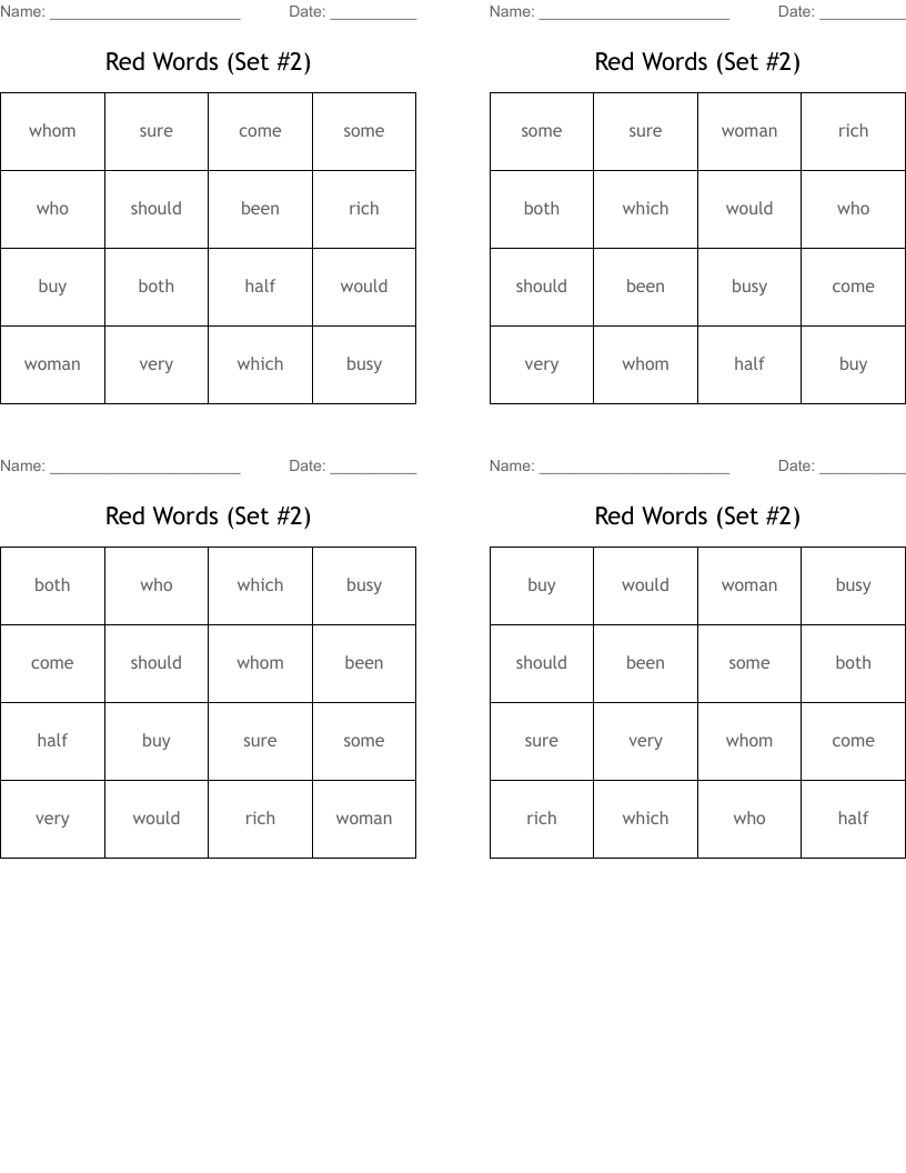 Red Words (Set #2) Bingo Cards