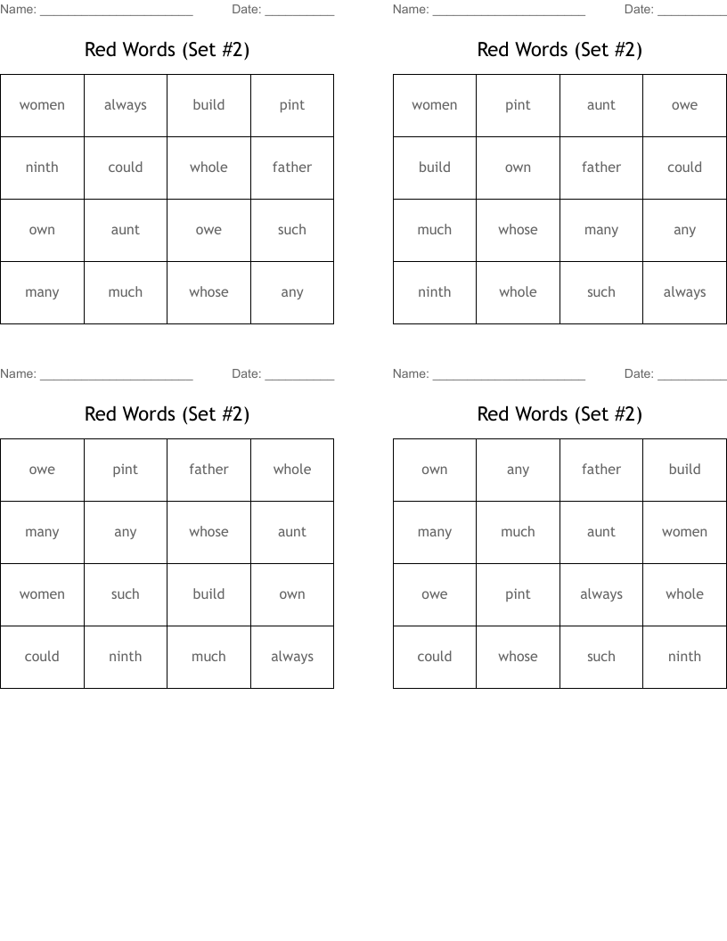 Red Words (Set #2) Bingo Cards