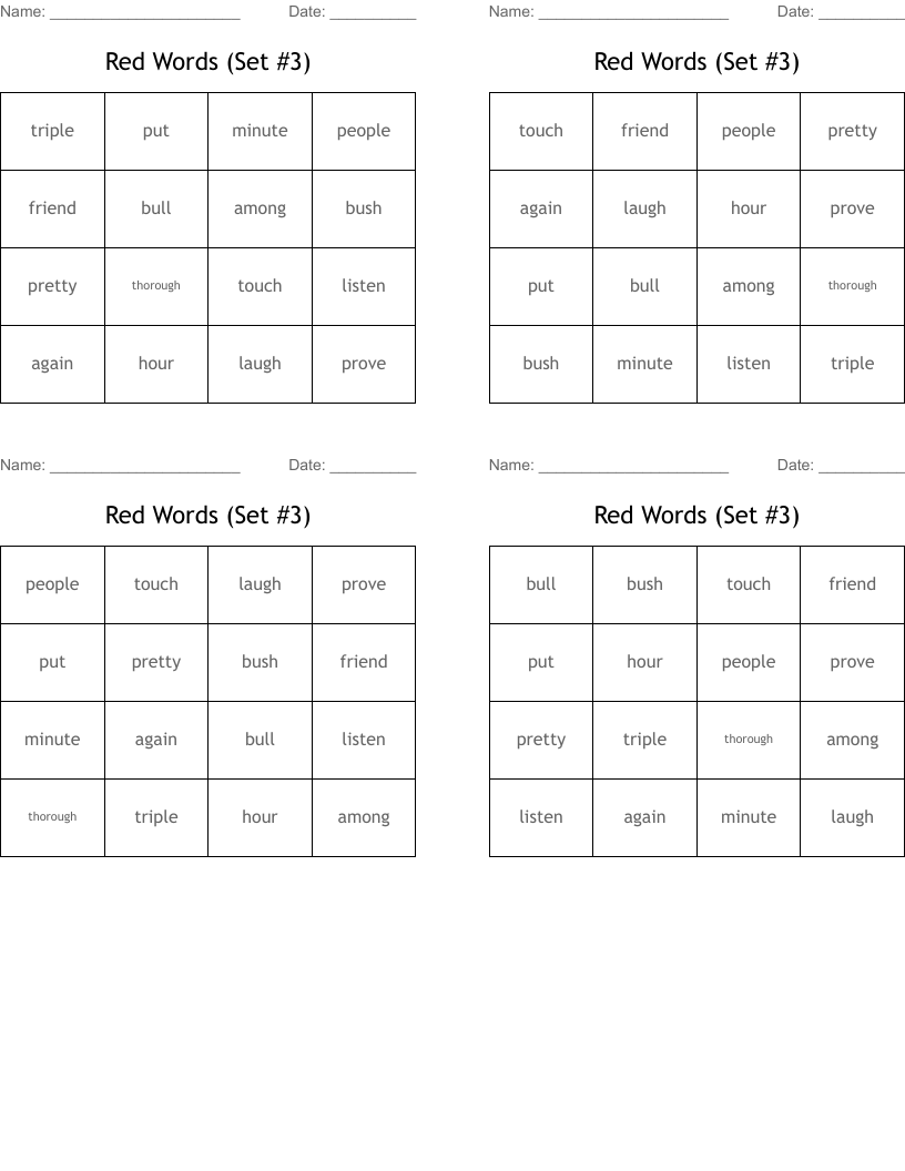 Red Words (Set #3) Bingo Cards
