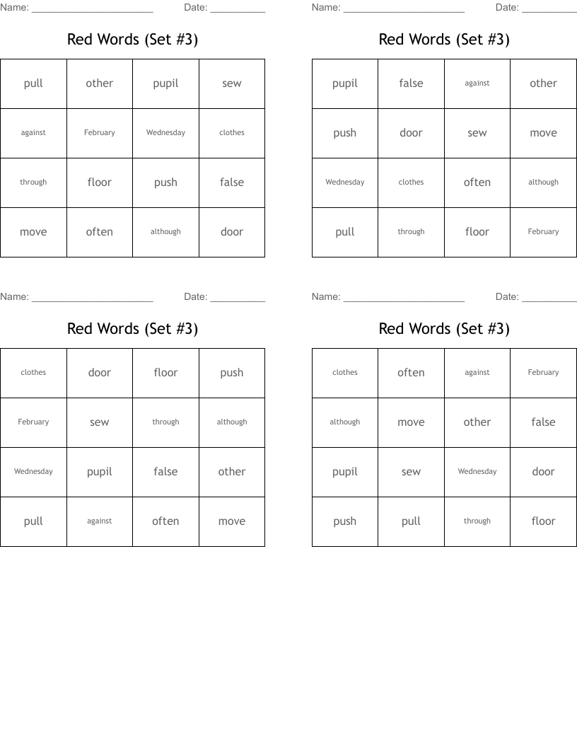 Red Words (Set #3) Bingo Cards