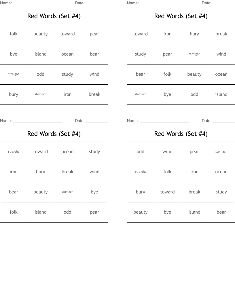 Red Words (Set #4) Bingo Cards