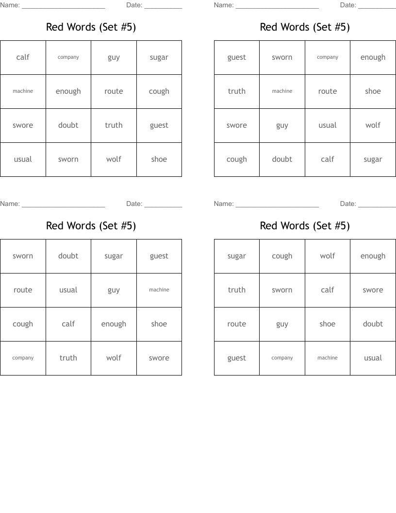 Red Words (Set #5) Bingo Cards