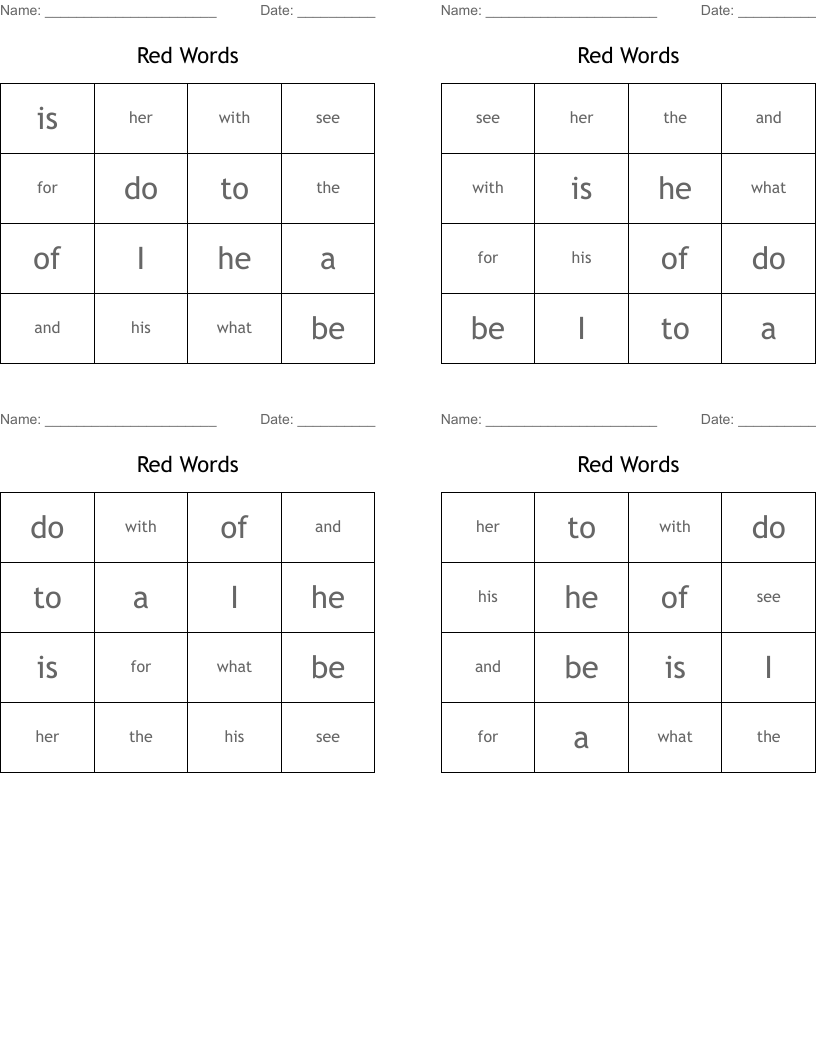 Red Words  Bingo Cards