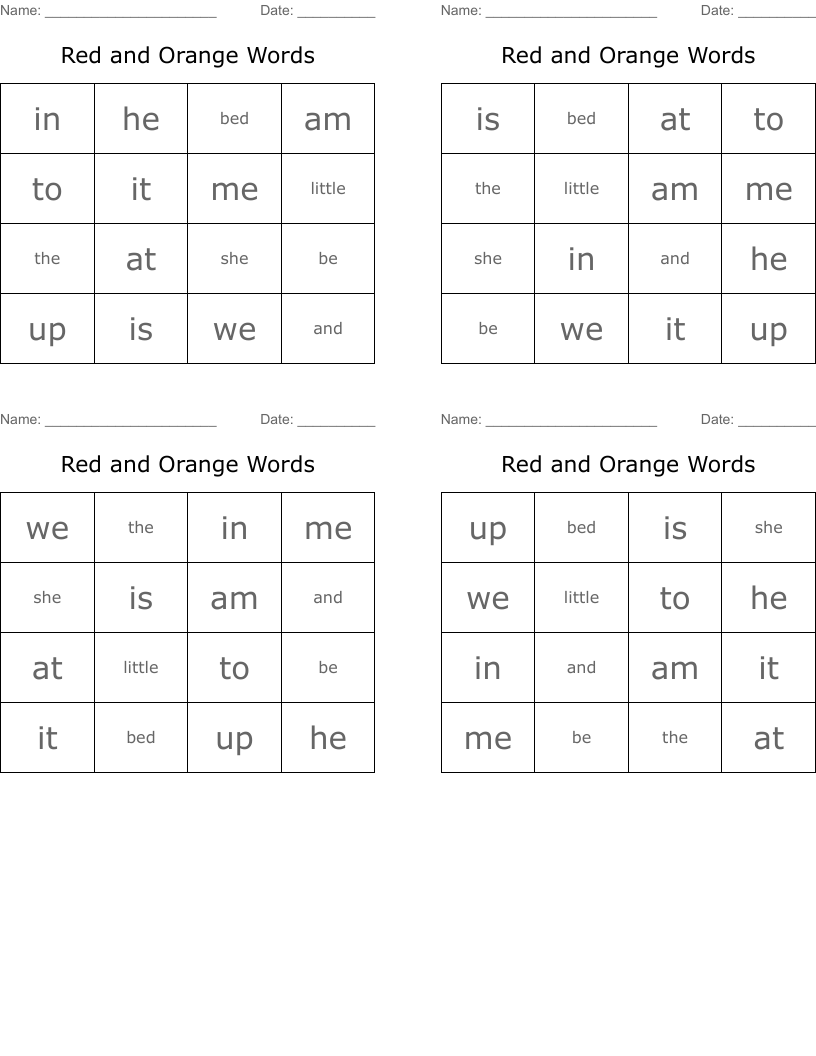 Red and Orange Words Bingo Cards