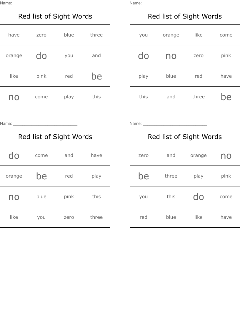 Red list of Sight Words Bingo Cards