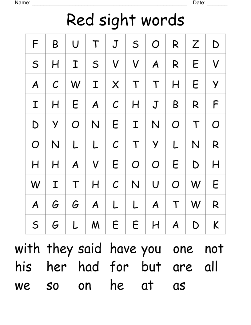 Red sight words Word Search
