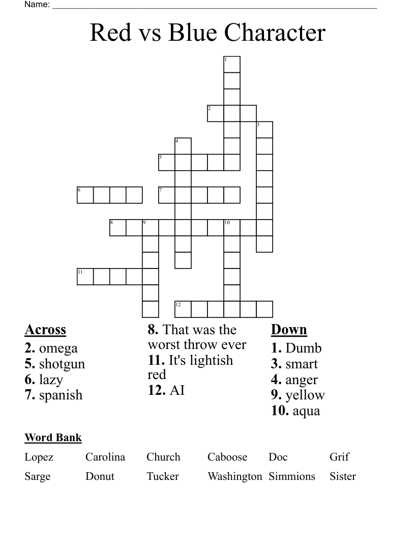 Red vs Blue Character Crossword