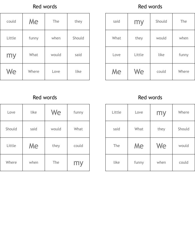 Red words Bingo Cards