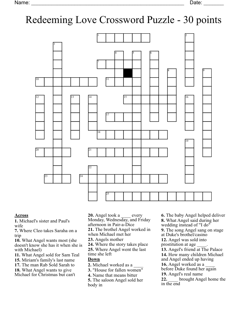 Redeeming Love Crossword Puzzle - 30 points