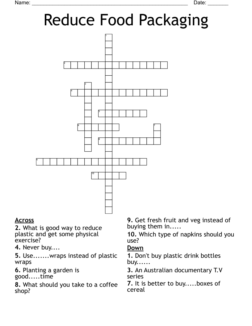 Reduce Food Packaging Crossword