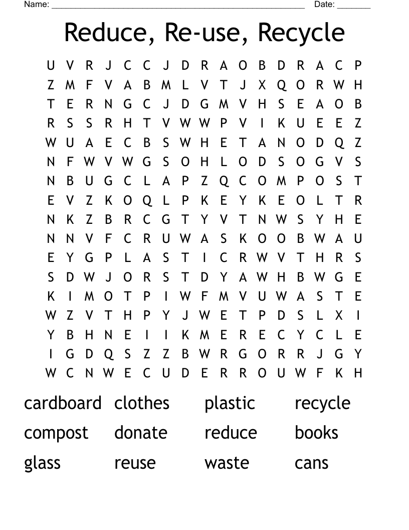 Reduce, Re-use, Recycle Word Search
