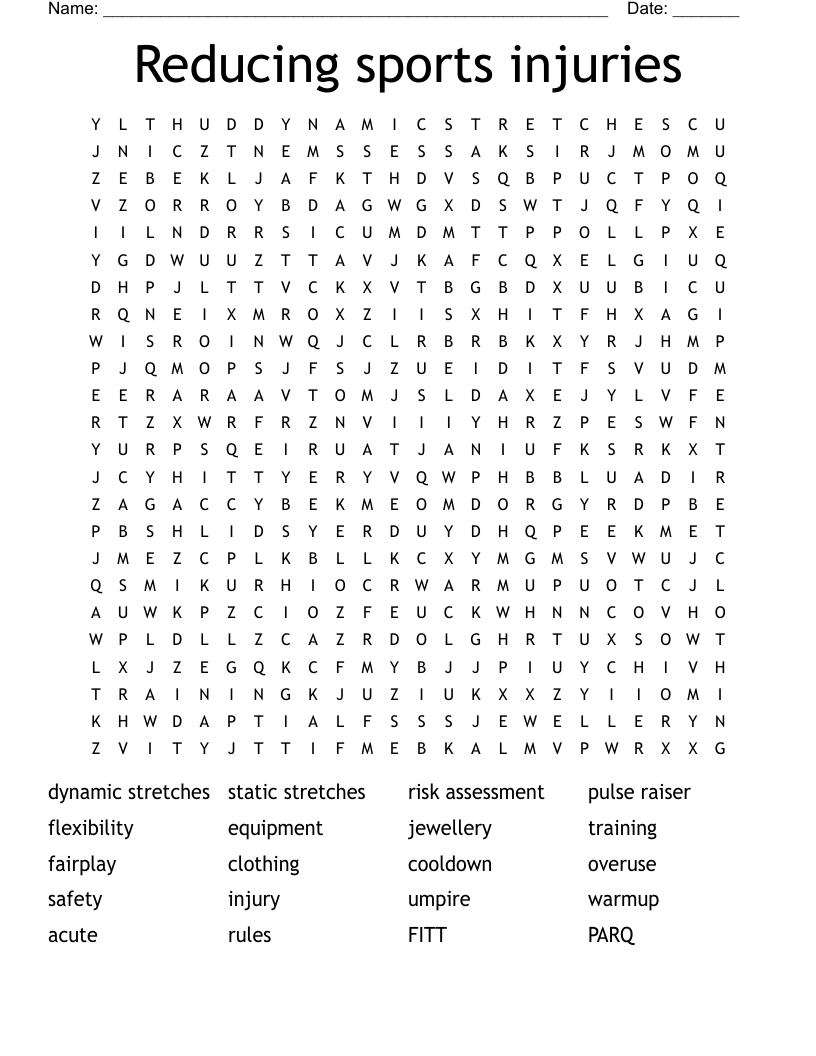 Reducing sports injuries Word Search