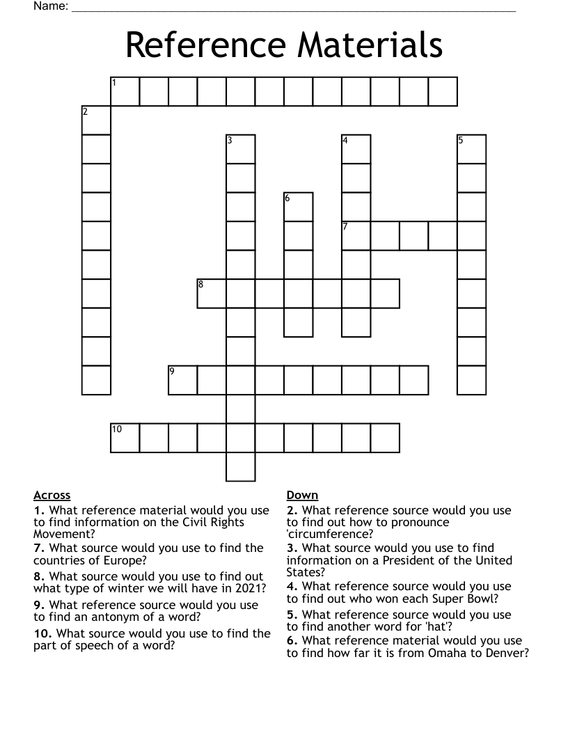 Reference Materials Crossword