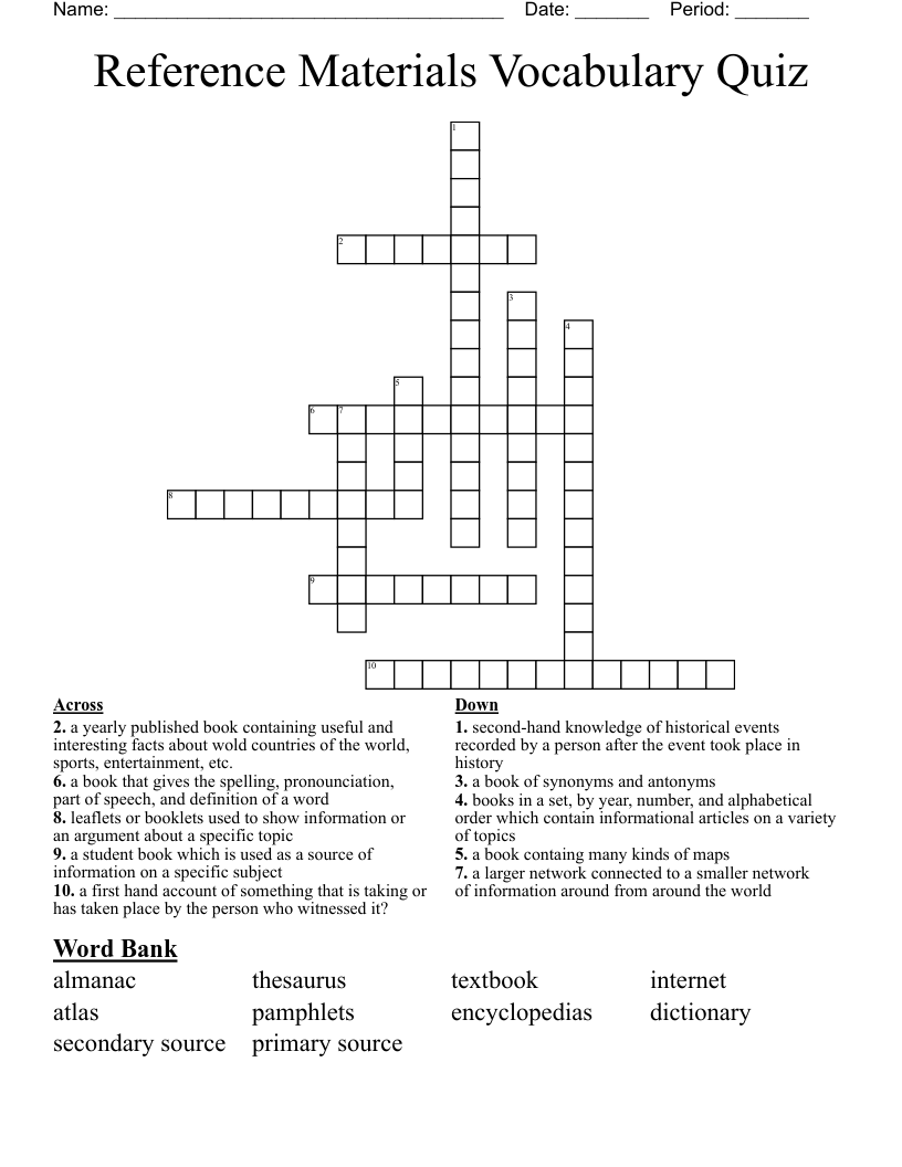Reference Materials Vocabulary Quiz Crossword