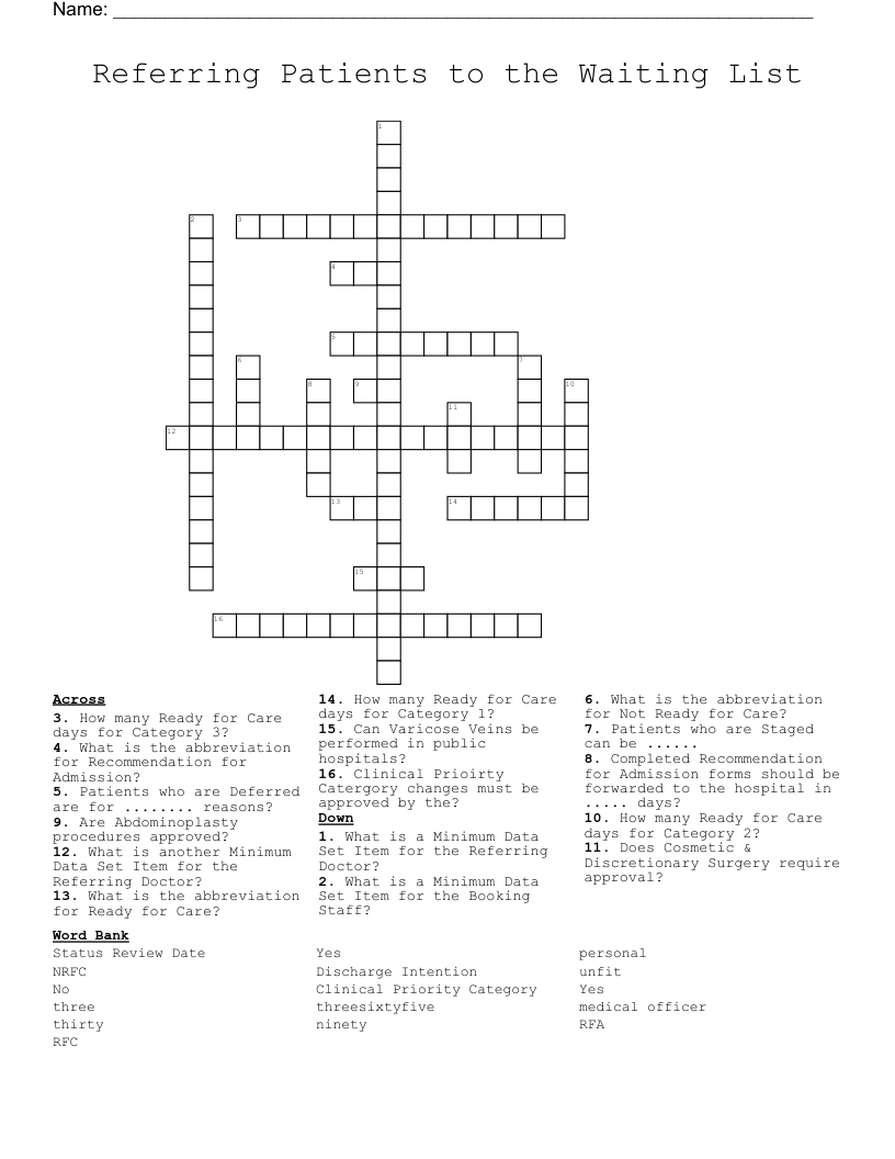 Referring Patients to the Waiting List Crossword