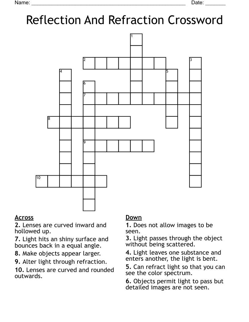Reflection And Refraction Crossword
