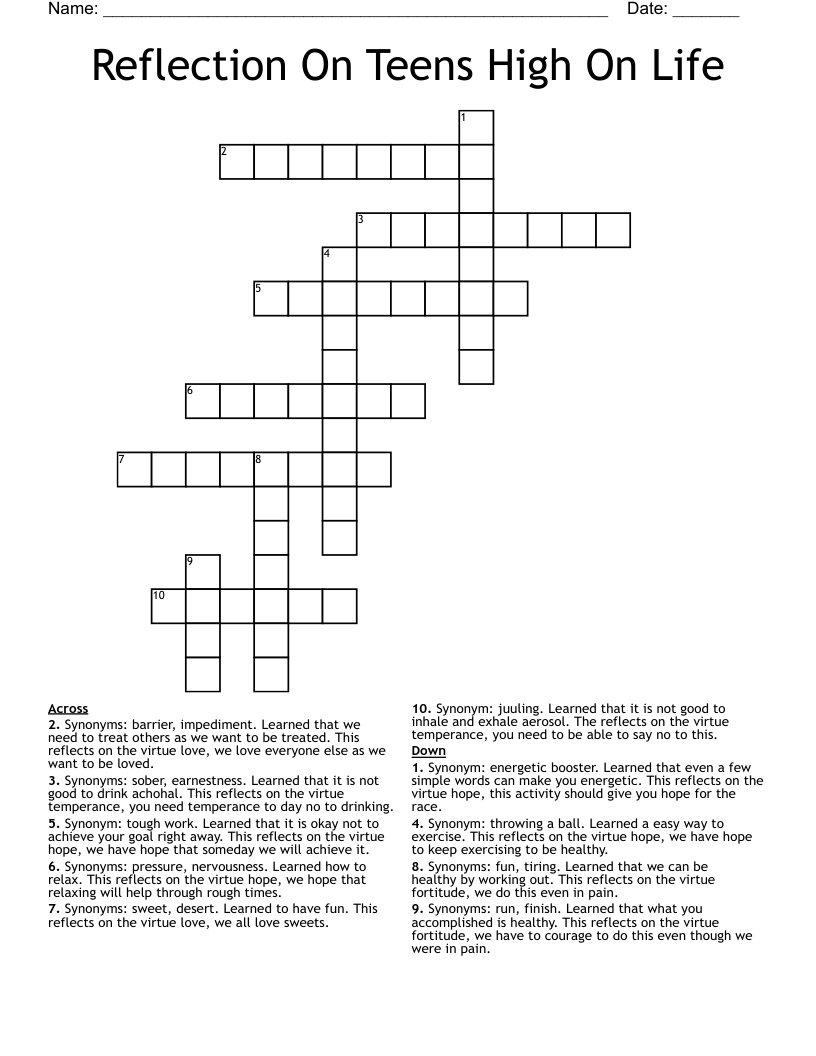 Reflection On Teens High On Life  Crossword