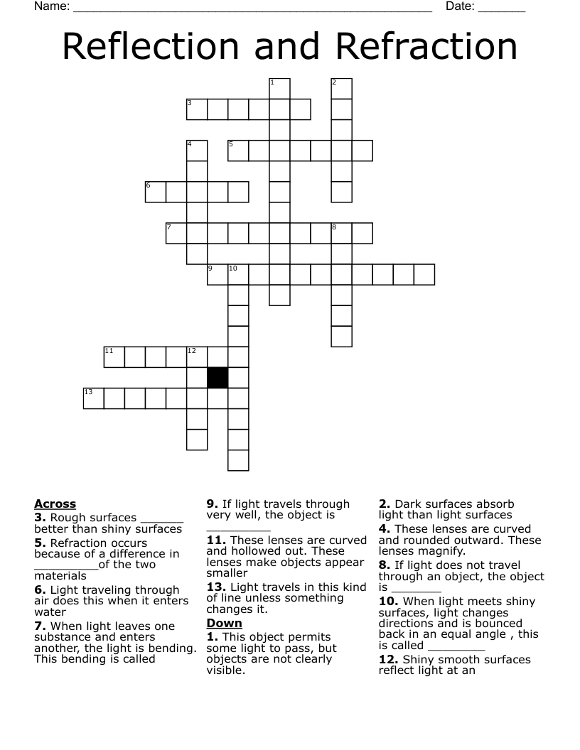 Reflection and Refraction Crossword