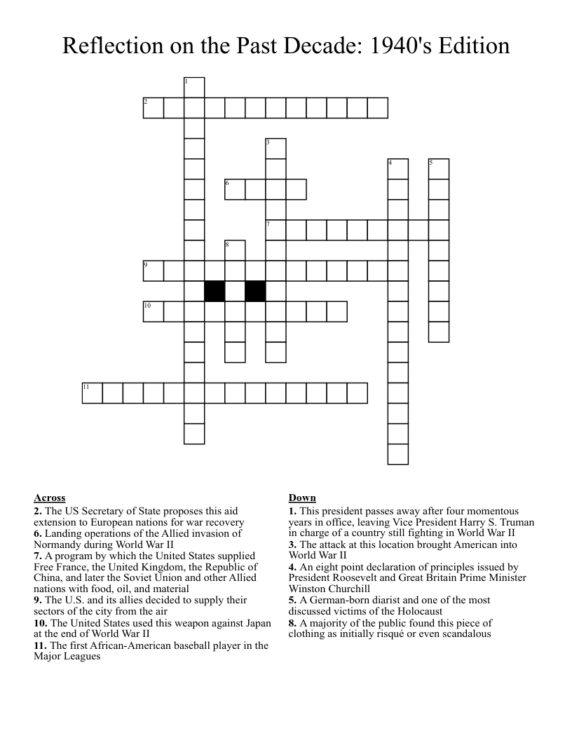 Reflection on the Past Decade: 1940's Edition  Crossword