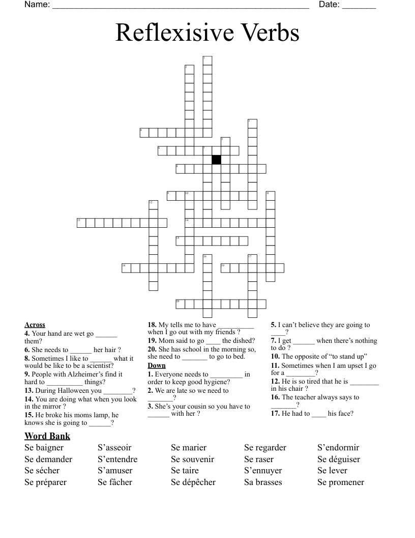 Reflexisive Verbs  Crossword
