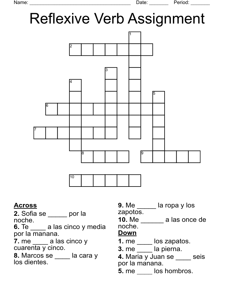 Reflexive Verb Assignment  Crossword