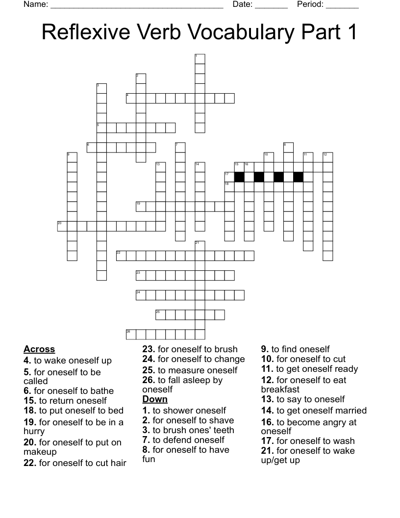 Reflexive Verb Vocabulary Part 1 Crossword