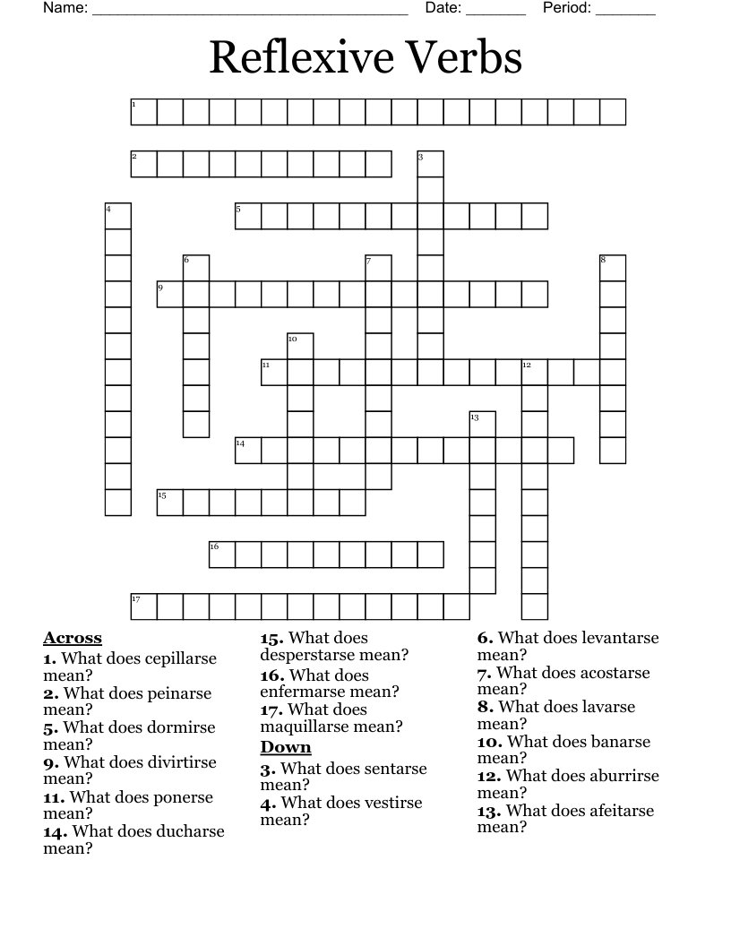 Reflexive Verbs Crossword